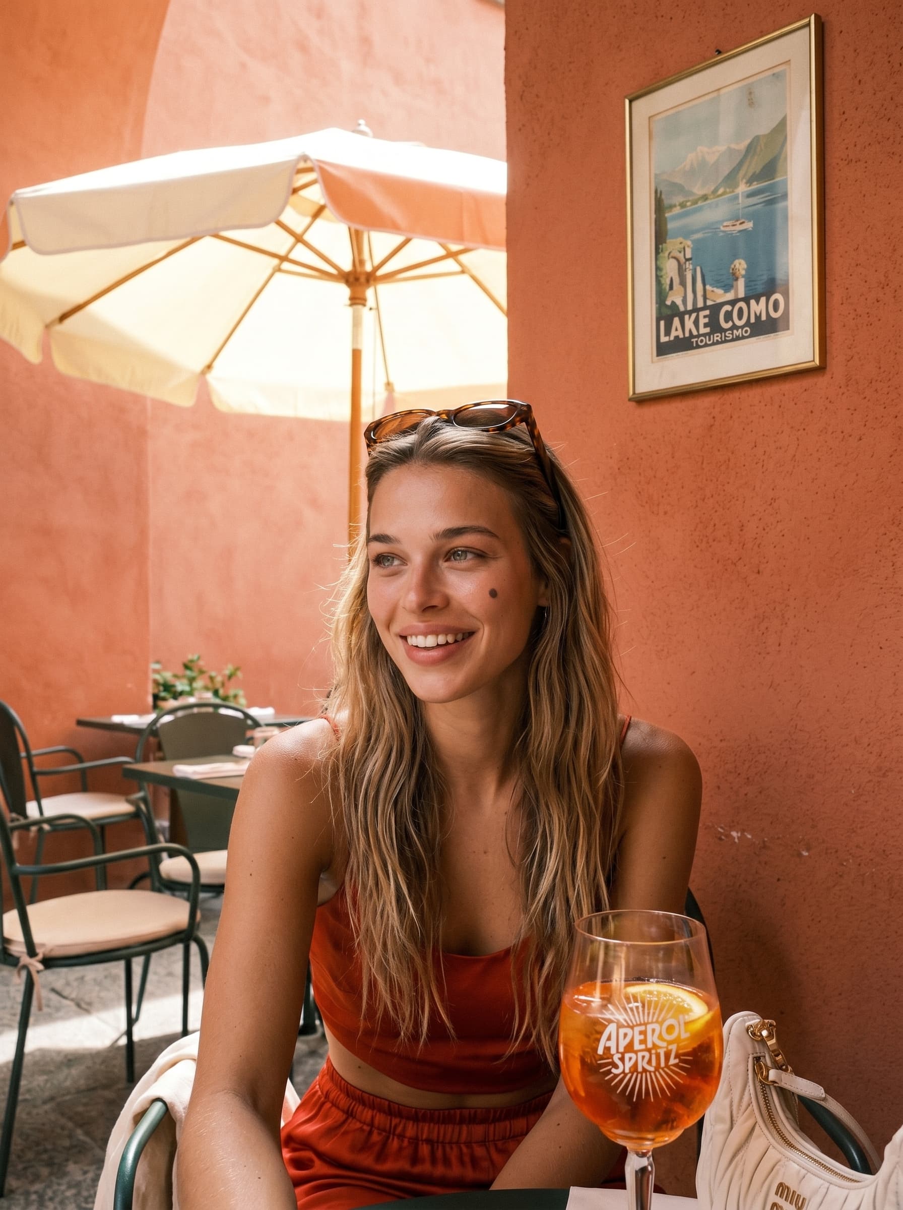Lake Como Spritz lifestyle — Zofia at cafe table with Aperol